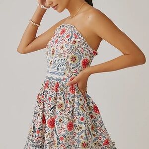 Anthropologie Strapless Floral Midi Dress in Cream, Red, Blue